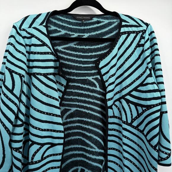 Ming Wang Sweater Womens 1X Blue Black Open Front Cardigan Knit Swirl Studded - Picture 2 of 10